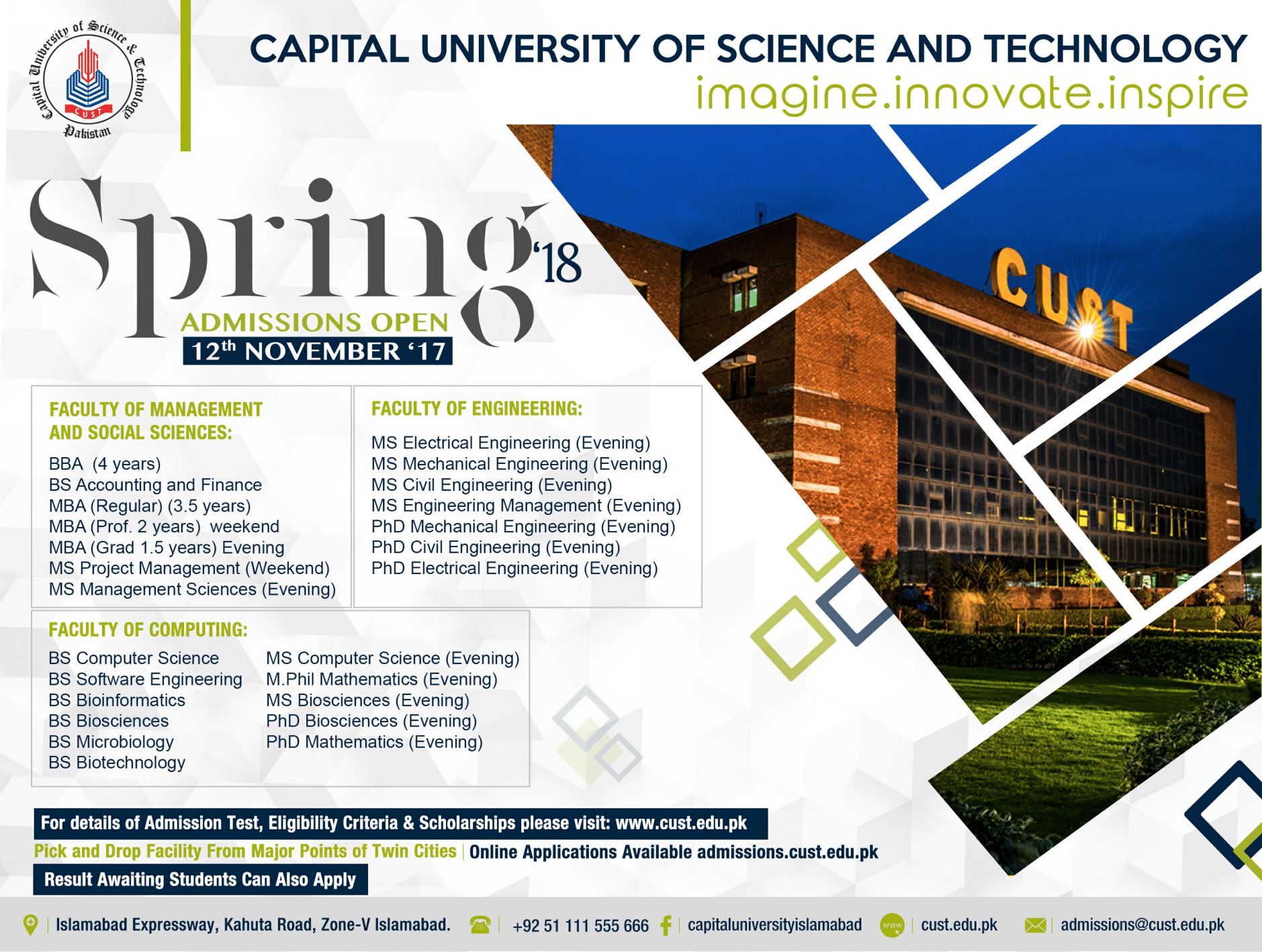 Capital University Islamabad Spring Admissions 2018 StudyPK