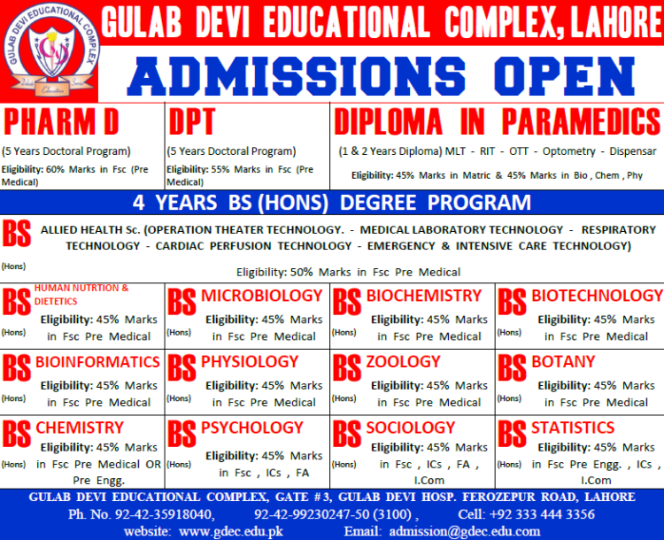 Admissions Open in Gulab Devi Educational Complex 2018 - StudyPK